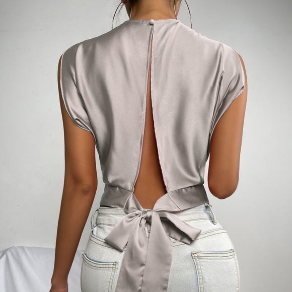 Bellanblue Tops - Boho silver Grey Cut out Back Satin Crop Top